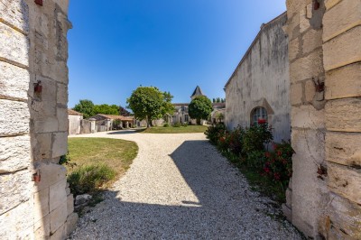 Vieille brouette en bois devant un mur en pierre et une porte en bois usée, sous un ciel dégagé.