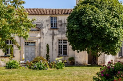 Vieille brouette en bois devant un mur en pierre et une porte en bois usée, sous un ciel dégagé.