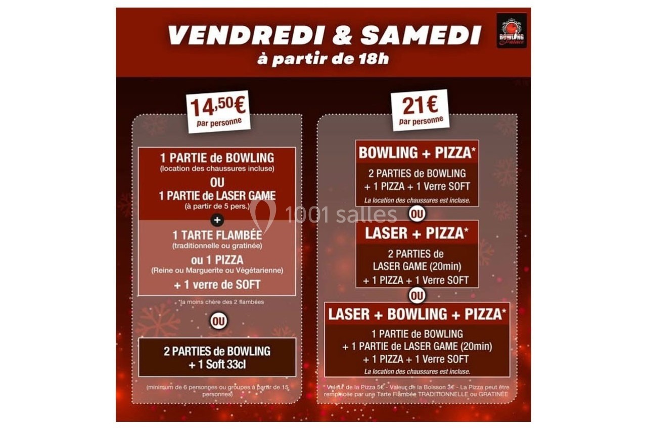 Offre de loisirs avec bowling, laser game, pizza et boissons, disponible les vendredis et samedis à partir de 18h.