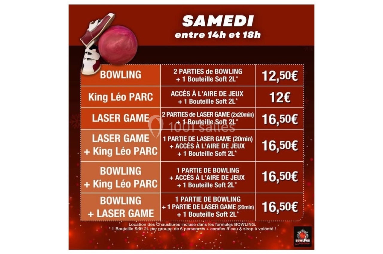 Tableau des offres de loisirs incluant bowling, laser game et parc de jeux avec tarifs pour le samedi après-midi.