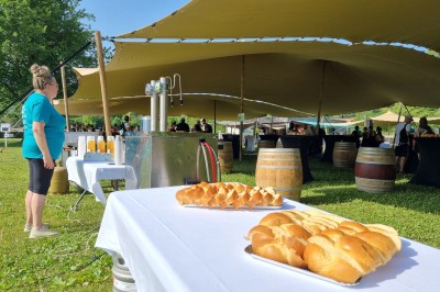 Voilier blanc amarré sur un lac calme, entouré de montagnes verdoyantes sous un ciel dégagé.