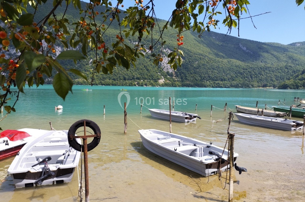 Barques amarrées sur un lac turquoise entouré de montagnes verdoyantes, avec des branches fruitées au premier plan.