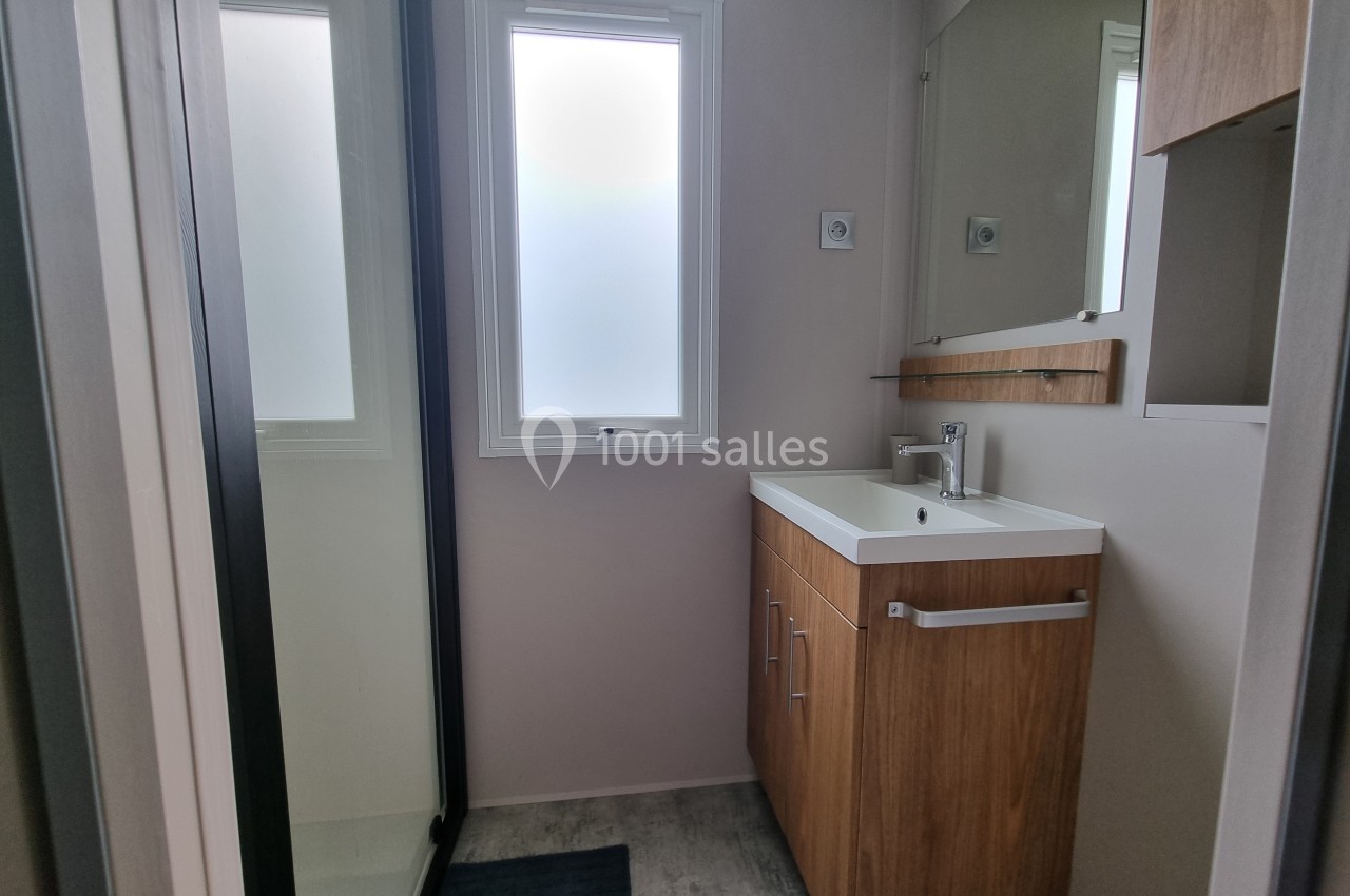 Salle de bain moderne avec lavabo sur meuble en bois, miroir, douche vitrée et fenêtres opaques.