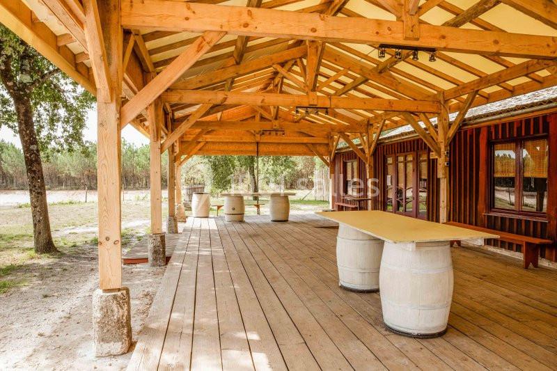 Terrasse en bois couverte avec des tables posées sur des tonneaux, entourée d'arbres et donnant sur un espace naturel.