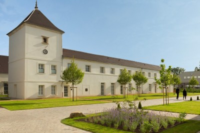 Salon lumineux avec canapé beige, table en bois, suspension noire, bouquet de fleurs et grandes fenêtres.