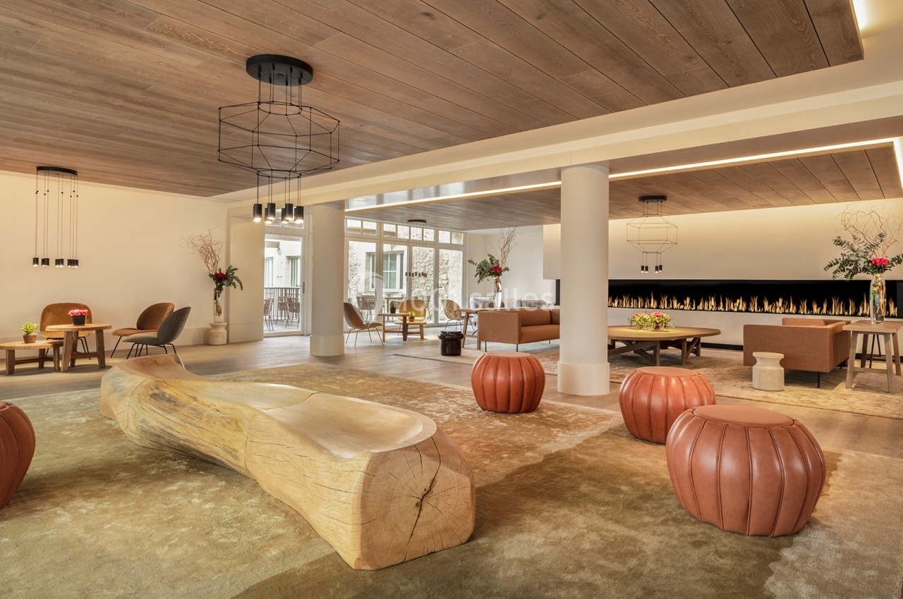 Salon moderne avec mobilier en bois et cuir, cheminée encastrée, éclairage suspendu et grandes fenêtres lumineuses.