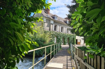 Miniature Location salle Courcelles-lès-Gisors (Oise) - Domaine des Rives de L'Epte #9 Massif d'hortensias en fleurs près d'un mur en pierre, avec un jardin verdoyant et des arbres en arrière-plan.