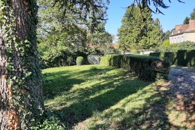 Miniature Location salle Courcelles-lès-Gisors (Oise) - Domaine des Rives de L'Epte #16 Massif d'hortensias en fleurs près d'un mur en pierre, avec un jardin verdoyant et des arbres en arrière-plan.