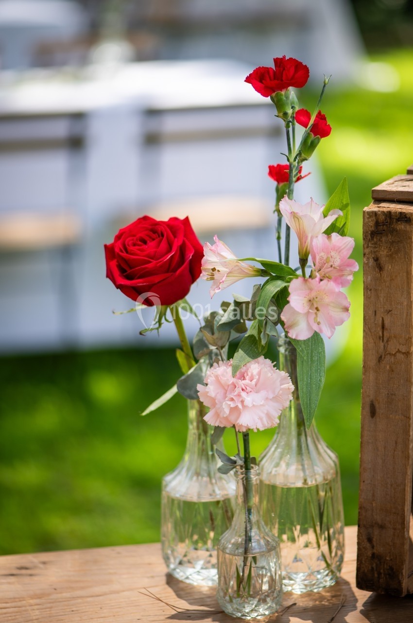 Fleurs rouges et roses disposées dans des vases en verre sur une table en bois, avec un fond flou de verdure.