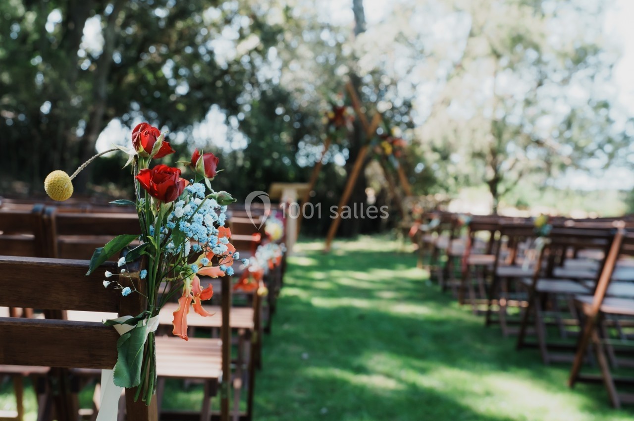 Chaises en bois alignées pour une cérémonie en extérieur, décorées de fleurs colorées sous un ciel dégagé.