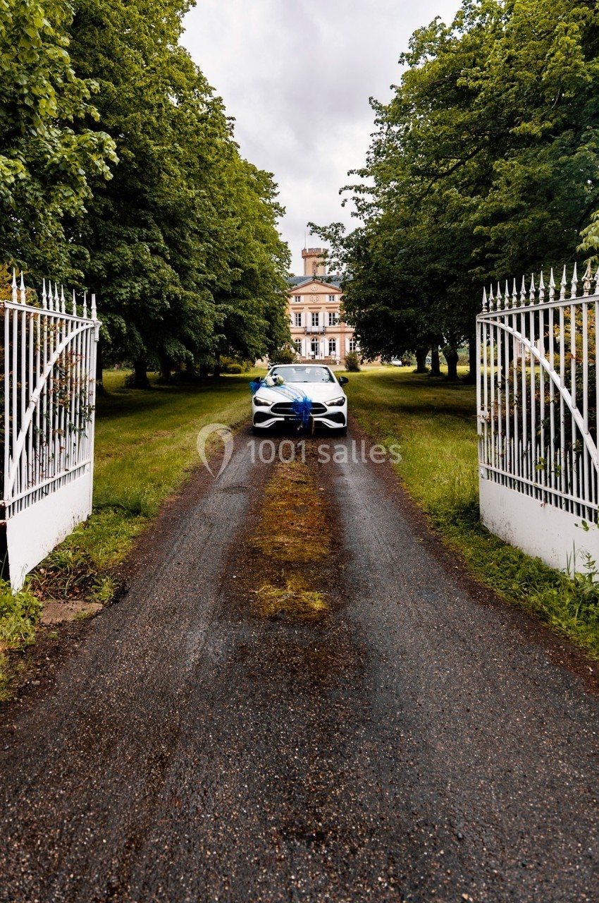 Voiture blanche décorée d'un nœud bleu sur une allée bordée d'arbres menant à un manoir.