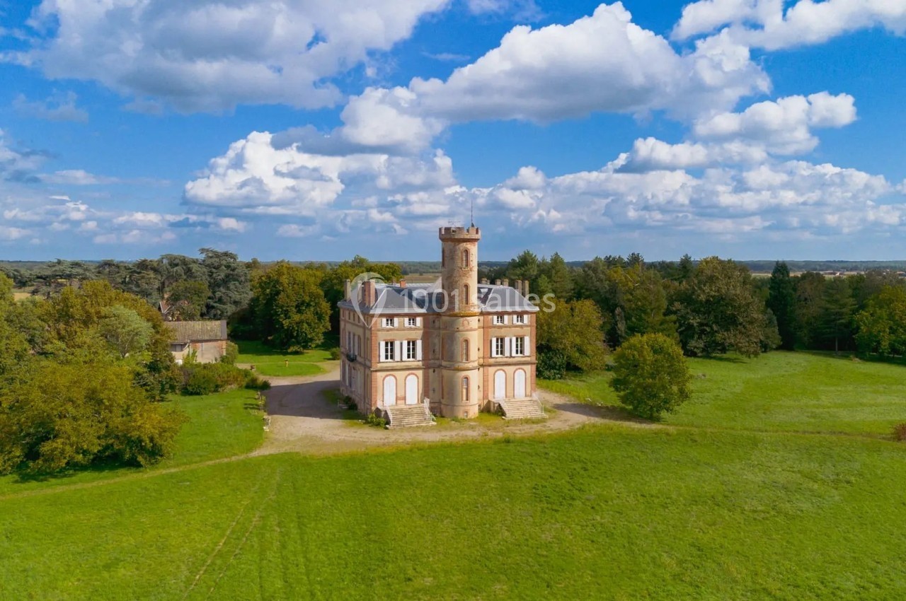 Vue aérienne d'un château entouré de verdure, avec un ciel bleu parsemé de nuages.