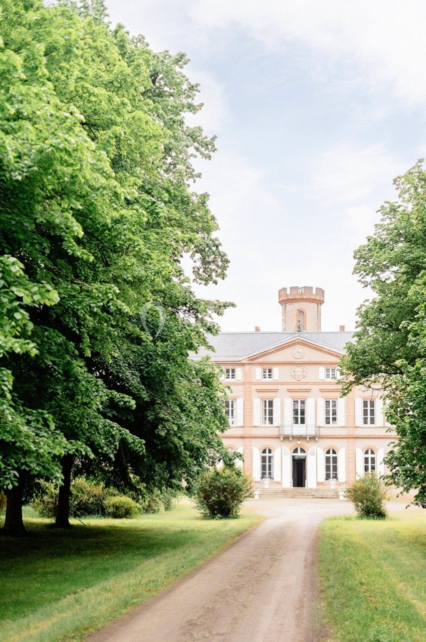 Allée bordée d'arbres menant à un château beige avec une tour centrale, sous un ciel légèrement nuageux.