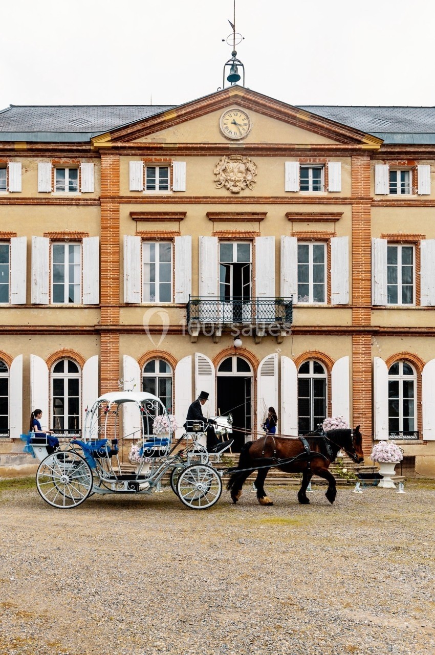 Calèche tirée par un cheval devant un bâtiment historique avec façade en briques et volets blancs.