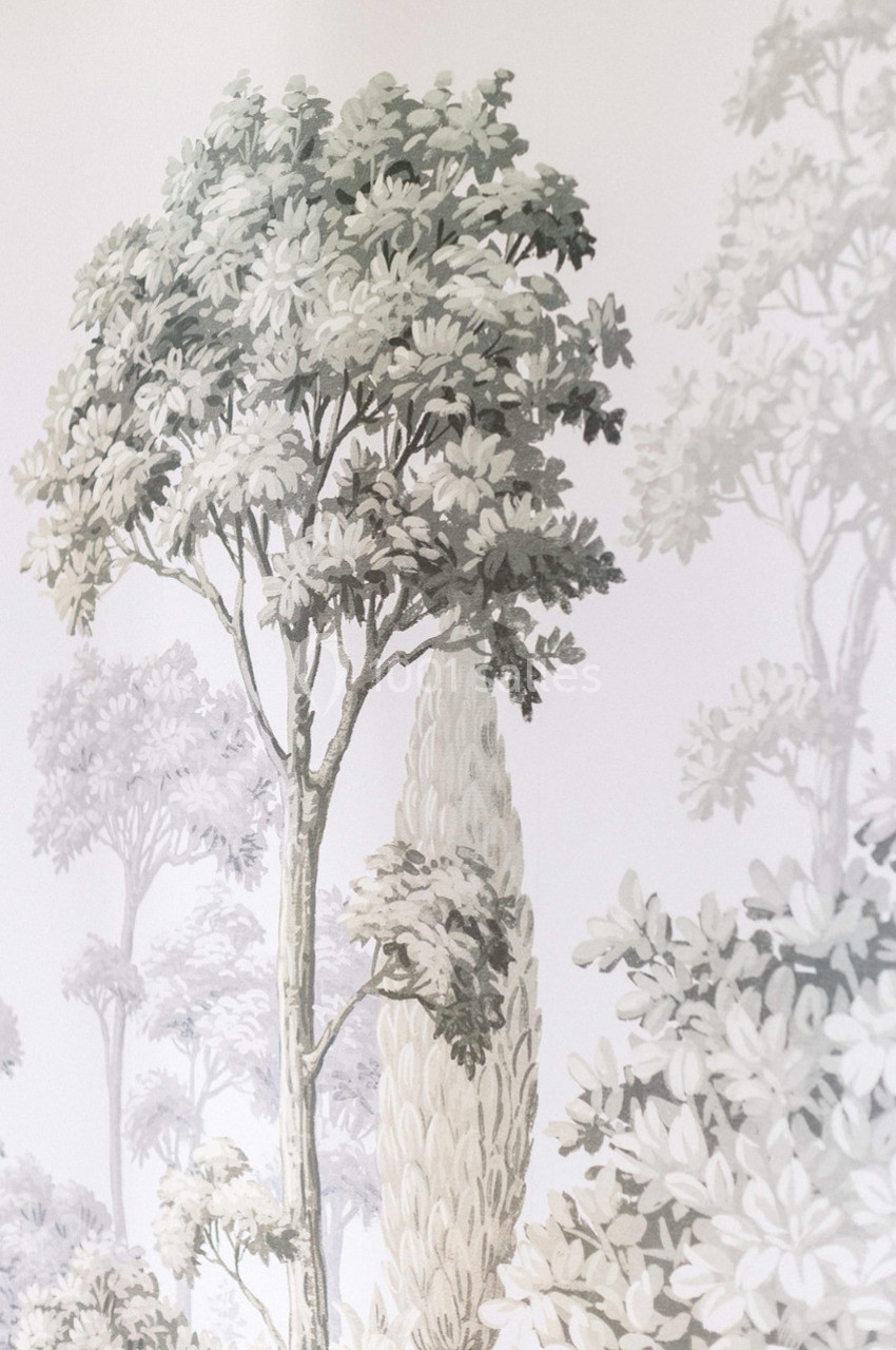 Illustration de paysages arborés avec des arbres stylisés dans des tons neutres et doux.