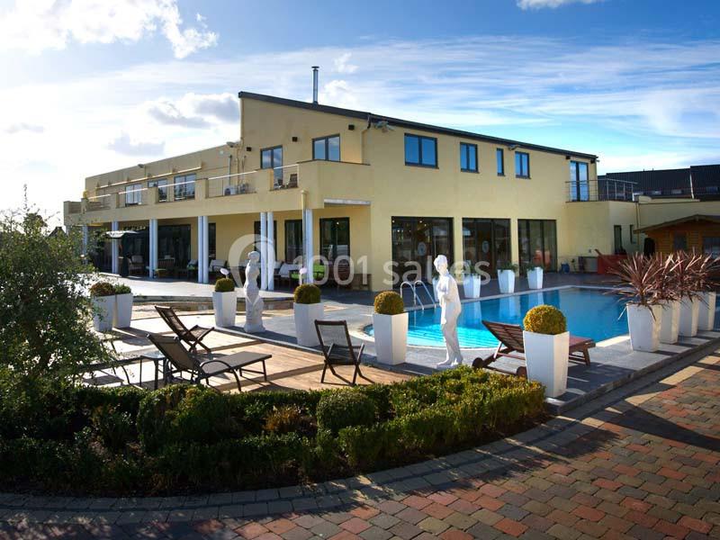 Grande maison moderne avec piscine, terrasse en bois, chaises longues et statues décoratives dans un jardin aménagé.