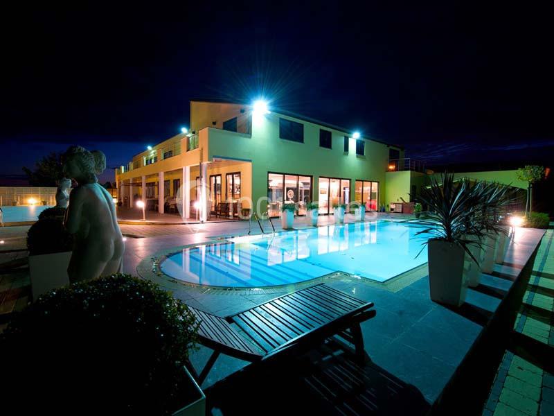 Vue nocturne d'une piscine éclairée devant un bâtiment moderne avec des plantes et des sculptures décoratives.