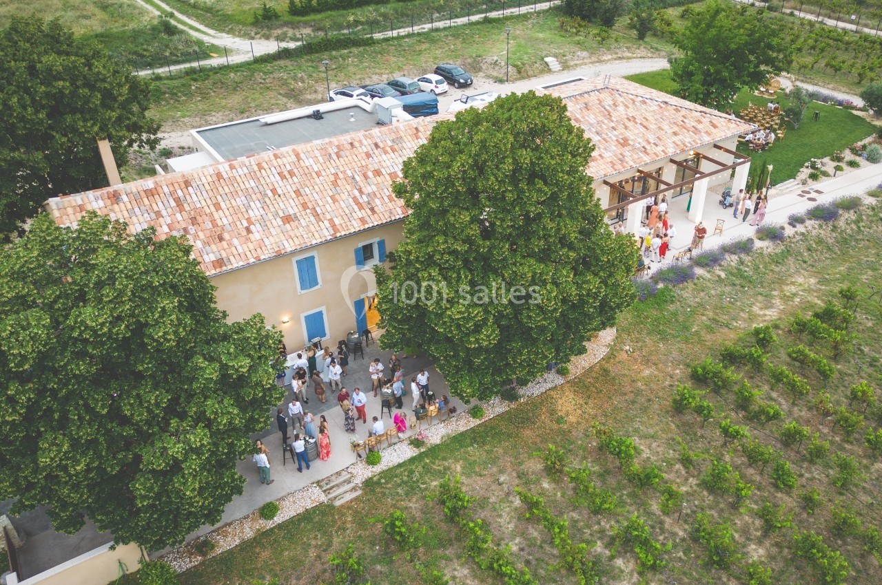 Vue aérienne d'une grande maison en pierre avec des invités rassemblés à l'extérieur, entourée de verdure et de vignes.