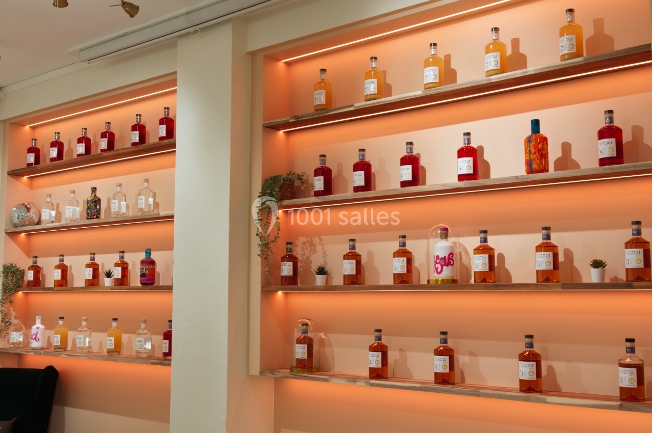 Étagères éclairées exposant des bouteilles de spiritueux variées, décorées de plantes et d'objets.