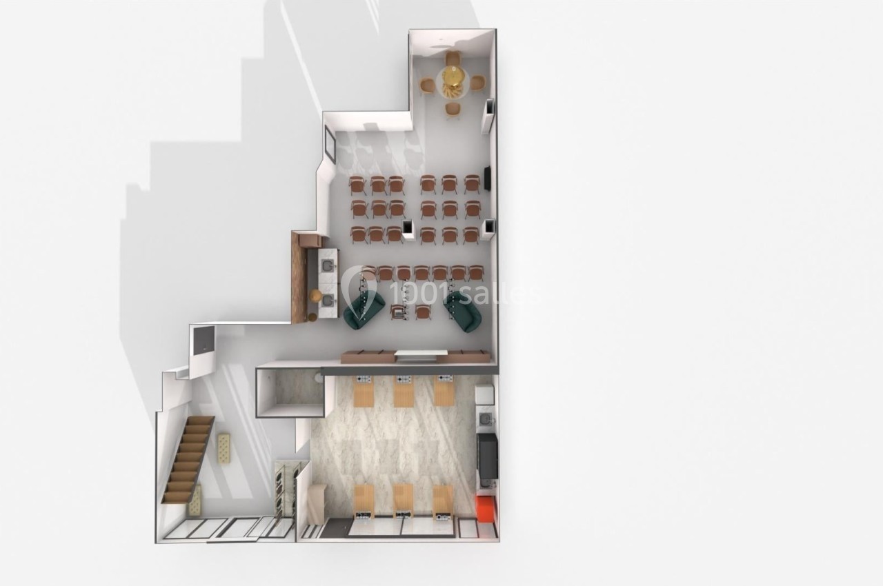 Plan en vue aérienne d'un espace intérieur comprenant une salle de réunion, une cuisine et des zones d'accueil.