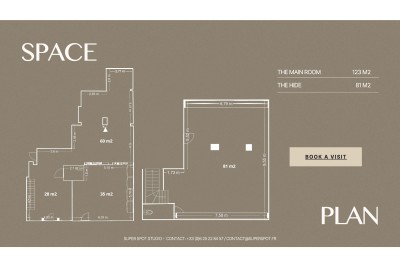 Plan d'étage affichant deux espaces principaux avec leurs dimensions : 123 m² et 81 m², sur fond brun.