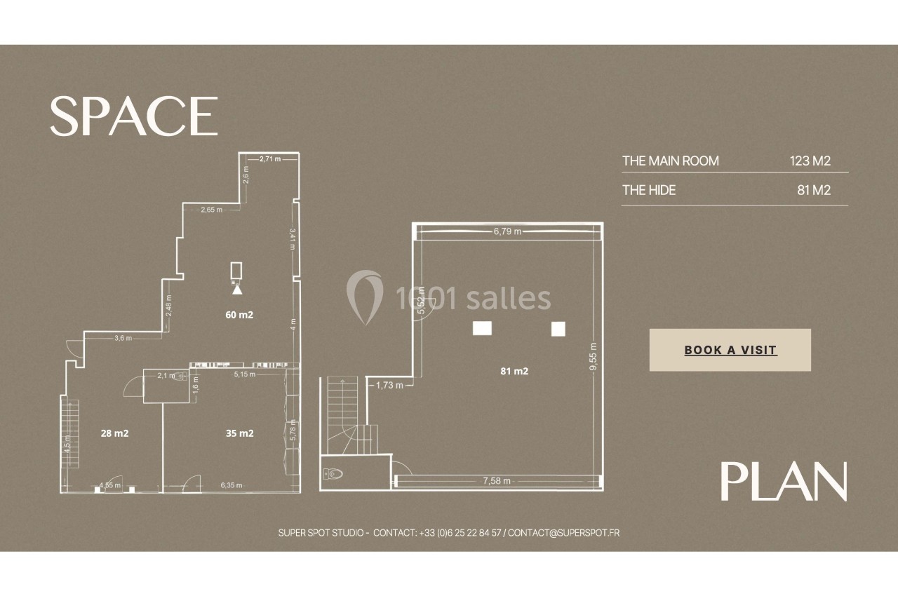 Plan d'étage affichant deux espaces principaux avec leurs dimensions : 123 m² et 81 m², sur fond brun.