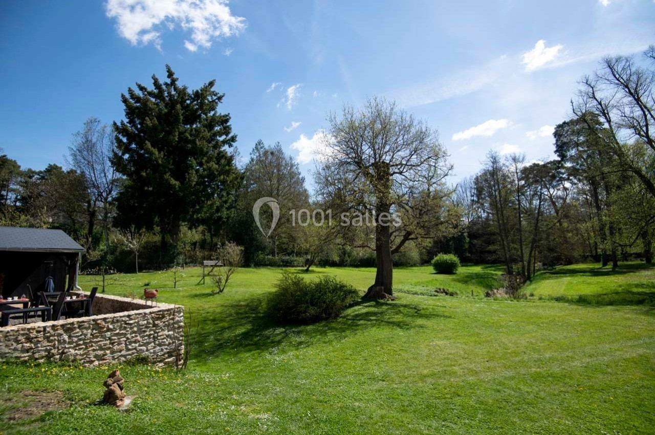 Jardin verdoyant avec pelouse, arbres et ciel bleu, une terrasse en pierre visible à gauche.