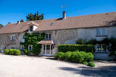 Paysage verdoyant avec arbres feuillus, pelouse ensoleillée et petit pont en pierre près d'un ruisseau.