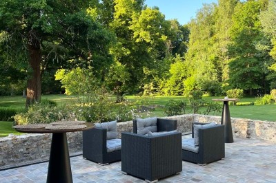 Paysage verdoyant avec arbres feuillus, pelouse ensoleillée et petit pont en pierre près d'un ruisseau.