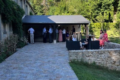 Paysage verdoyant avec arbres feuillus, pelouse ensoleillée et petit pont en pierre près d'un ruisseau.