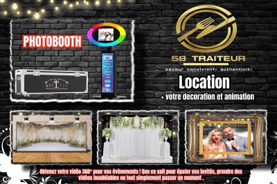 Miniature Le 58 Traiteur Location #3 Photobooth, décorations florales et animations pour événements, présentés sur un fond de briques noires avec éclairages.