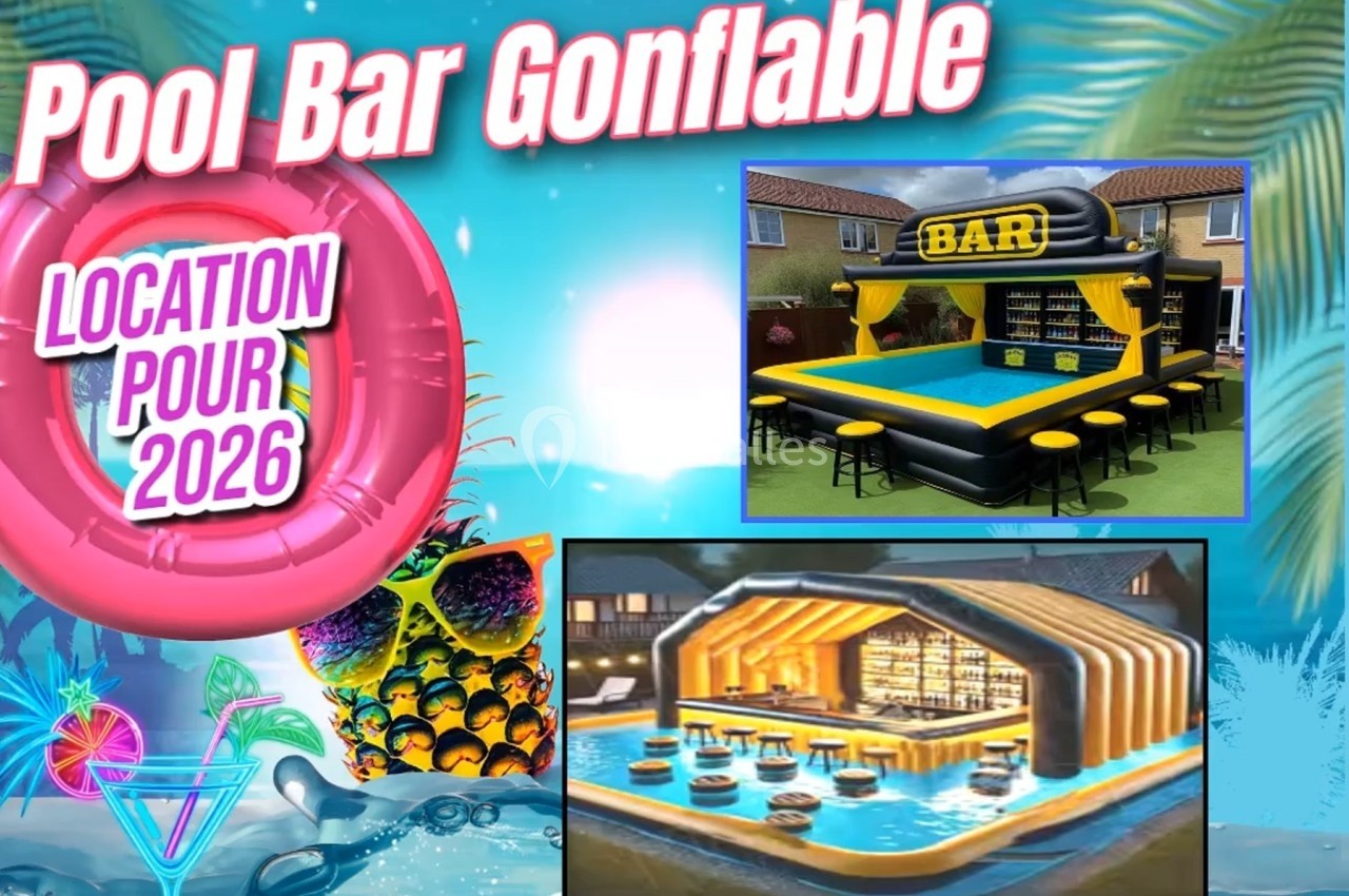 Bar gonflable en piscine avec tabourets et décor tropical, présenté comme idée pour l'été 2026.