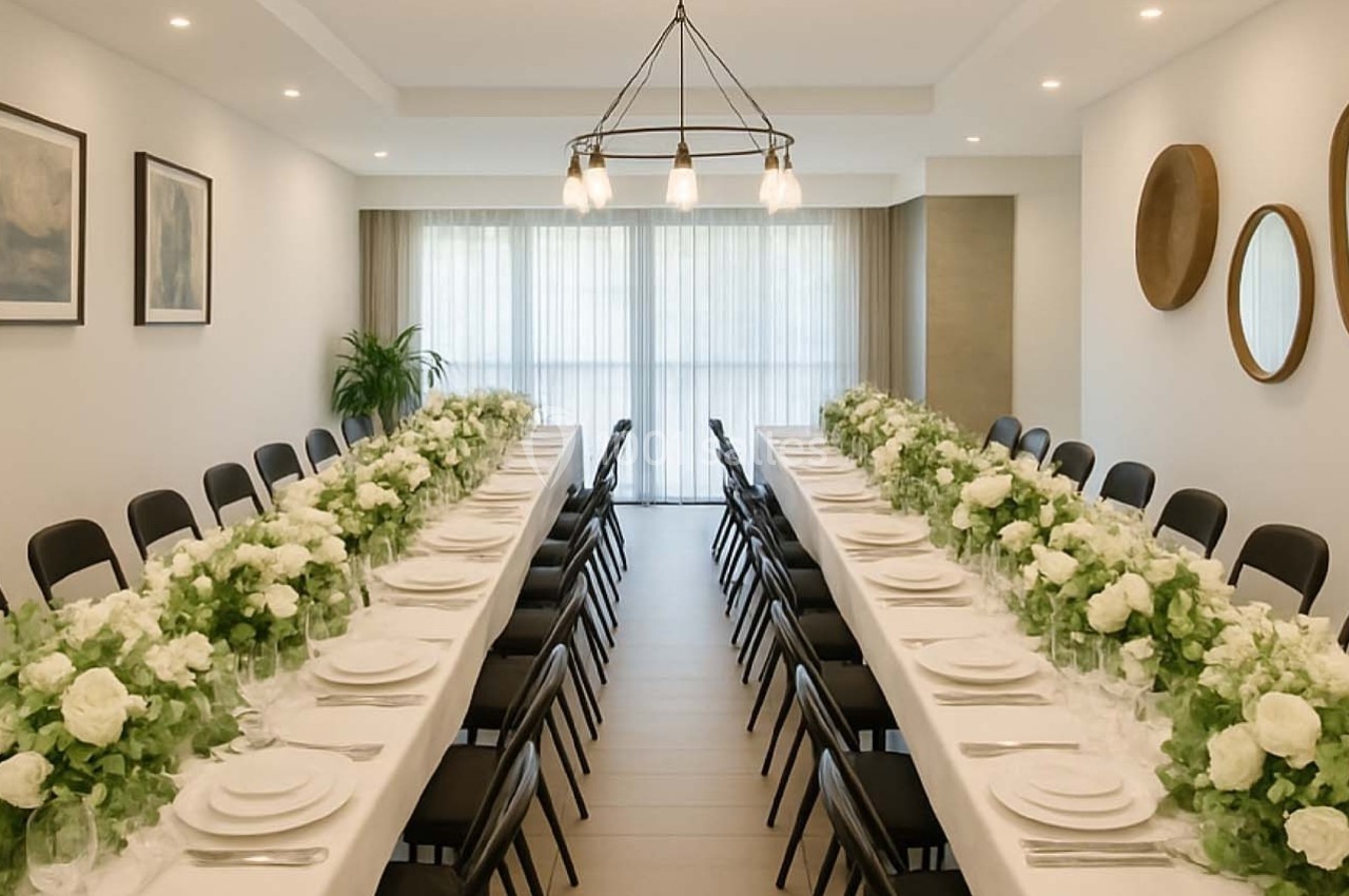 Salle de réception avec deux longues tables décorées de nappes blanches, vaisselle et arrangements floraux verts et blancs.