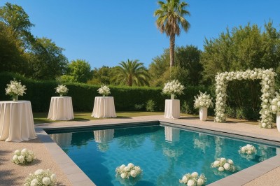 Coussin brodé ’Villa Alexandra’ au premier plan, banc en bois flou en arrière-plan dans un jardin ensoleillé.