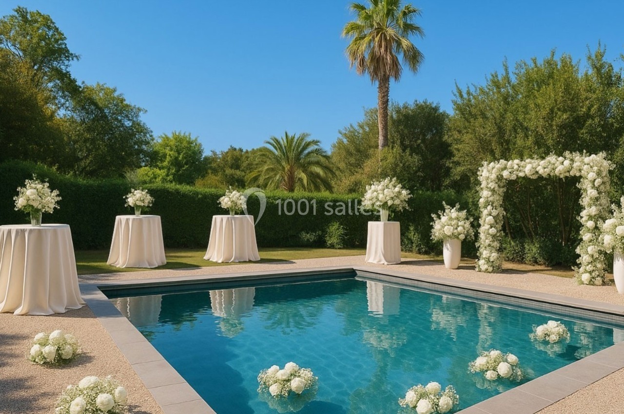 Piscine entourée de décorations florales blanches, tables drapées et arche fleurie dans un jardin ensoleillé.