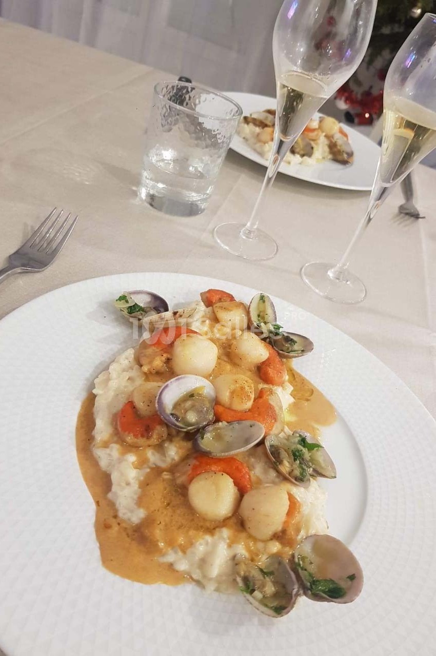 Assiette de risotto crémeux garni de noix de Saint-Jacques, coques et sauce, servie sur une table dressée.