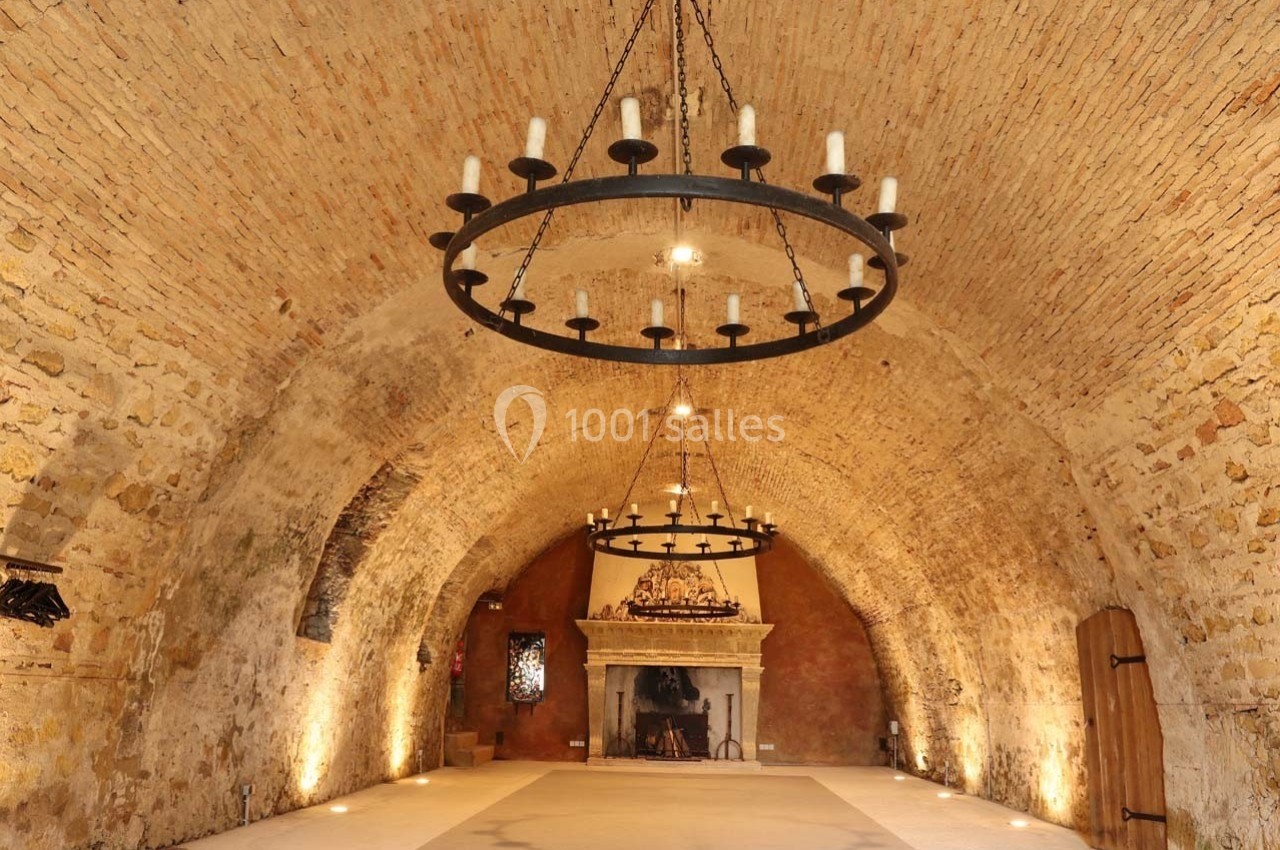 Salle voûtée en pierre avec lustres circulaires suspendus, cheminée décorative et éclairage chaleureux.