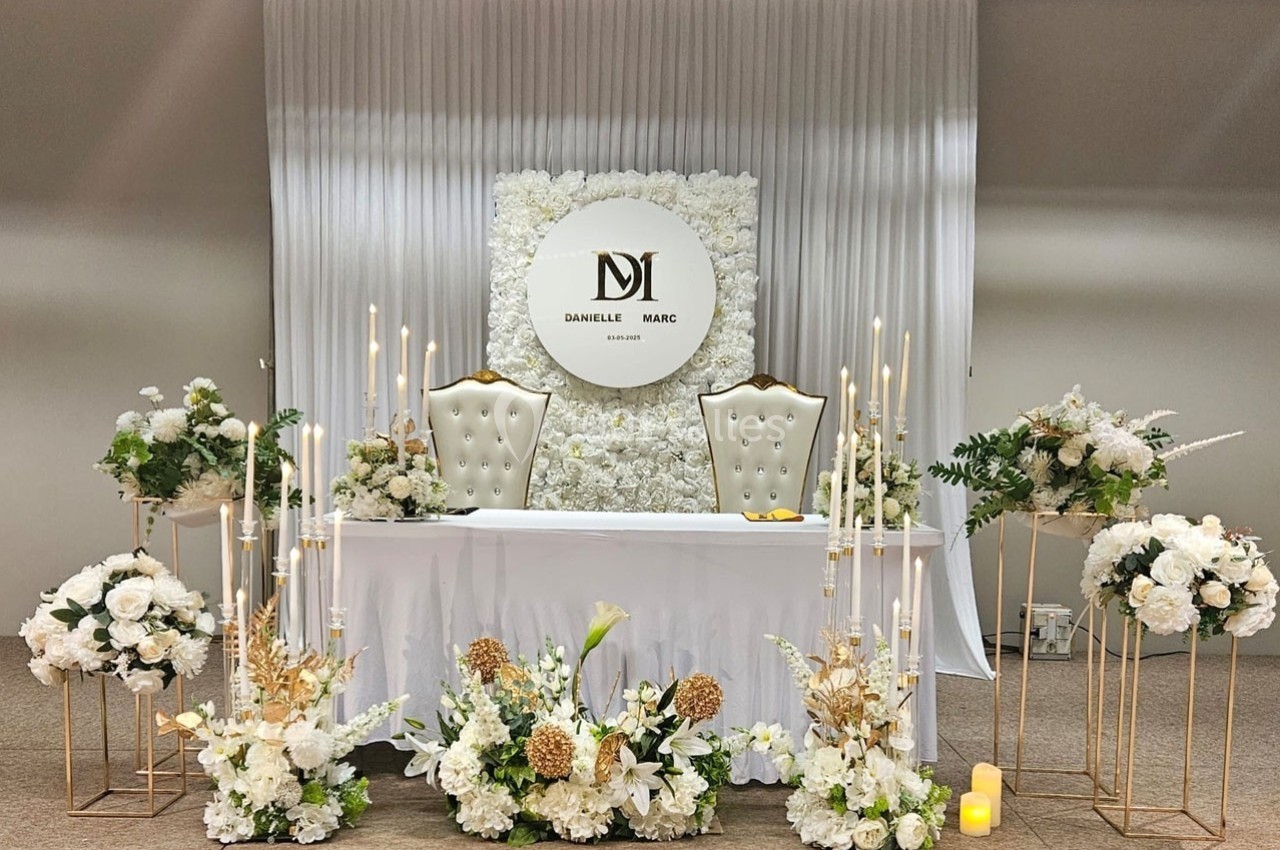 Décoration de table de mariage avec fleurs blanches, chandeliers et arrière-plan floral orné d'un monogramme.