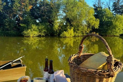 Espace extérieur avec fauteuils en bois, table ronde, et un van rétro bleu stationné en arrière-plan.
