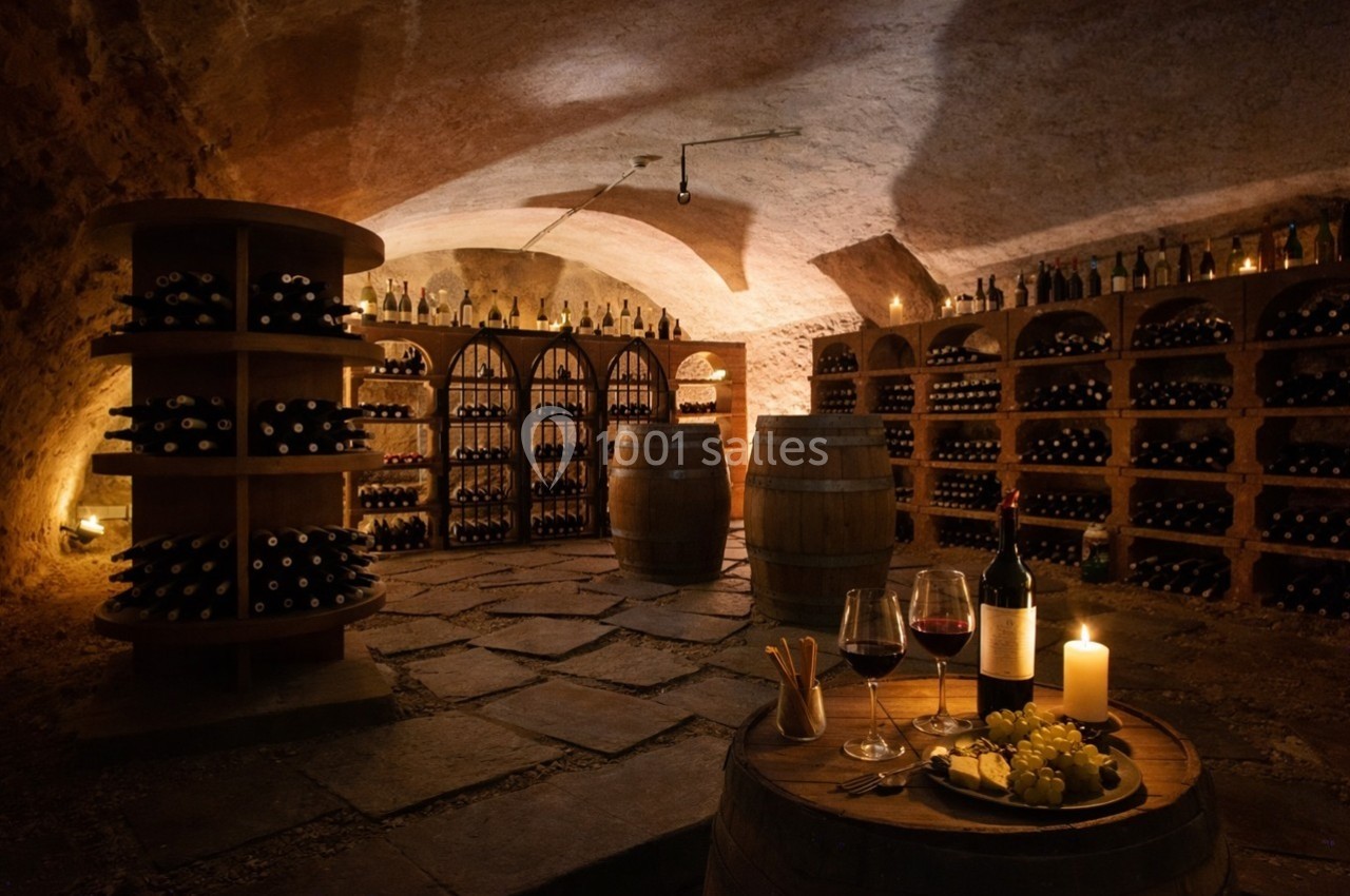 Cave voûtée avec étagères remplies de bouteilles de vin, tonneaux, et table dressée avec verres, bougie et fromage.