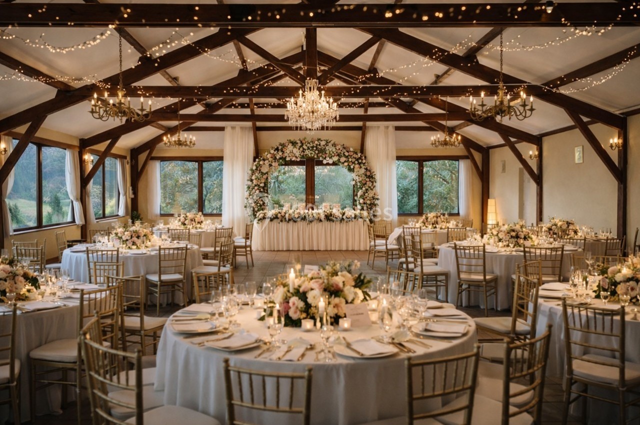 Salle de réception décorée pour un mariage, avec tables rondes, chaises dorées et guirlandes lumineuses suspendues.