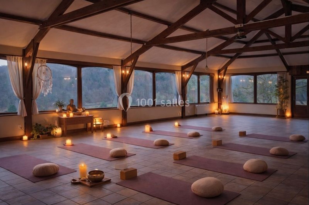 Salle de yoga lumineuse avec tapis, coussins et bougies disposés au sol, entourée de grandes fenêtres donnant sur la nature.