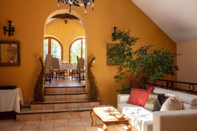 Dessert au glaçage chocolat brillant, garni de noisettes entières et concassées, présenté sur une assiette blanche.