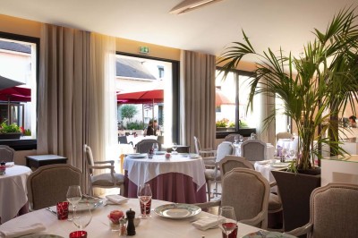 Dessert au glaçage chocolat brillant, garni de noisettes entières et concassées, présenté sur une assiette blanche.