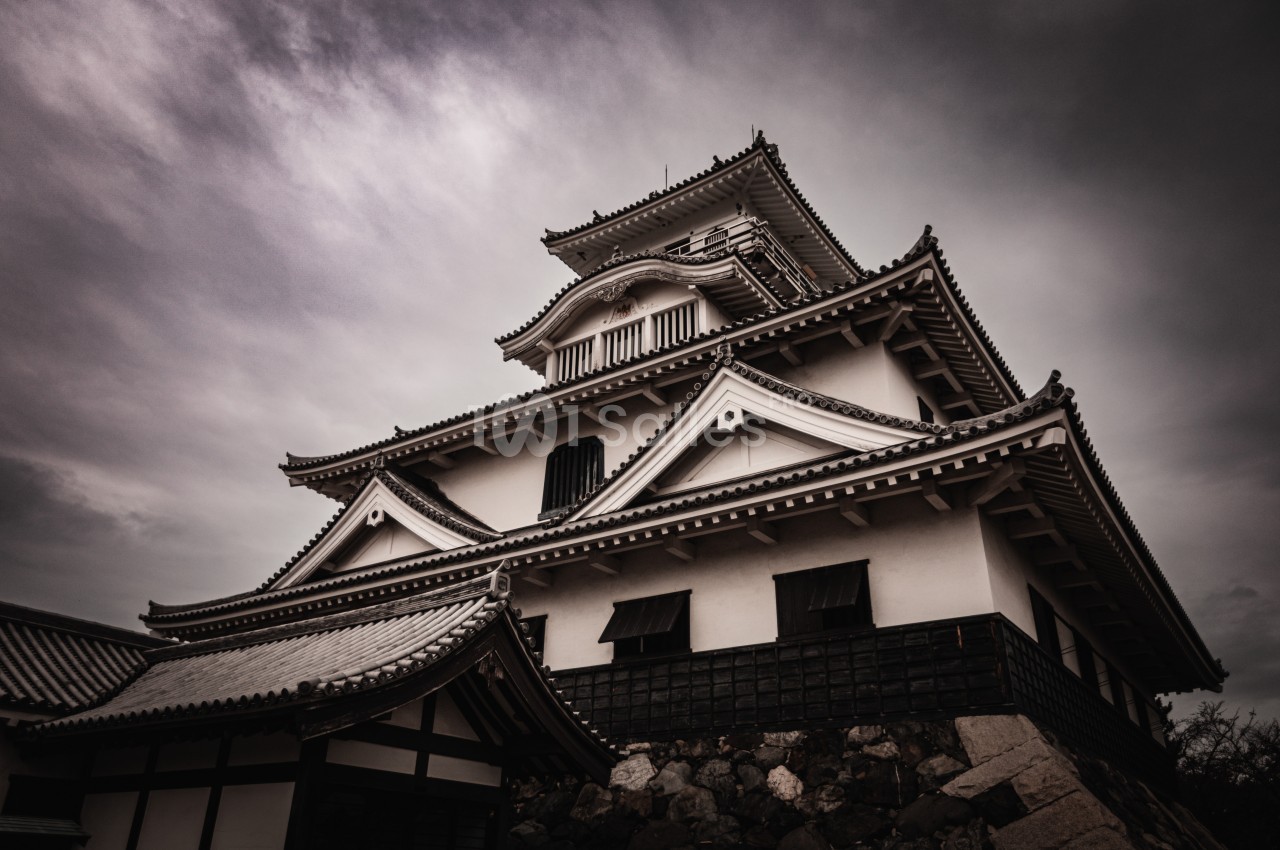 Château japonais traditionnel sous un ciel nuageux, avec des détails architecturaux en bois et en pierre.