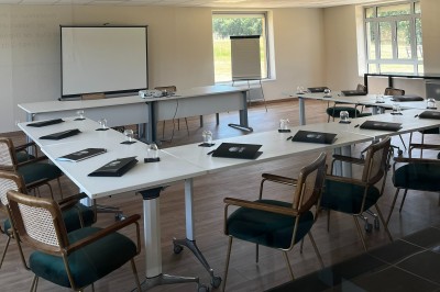 Chambre lumineuse avec lit double, télévision murale, bureau en bois, deux chaises et rideaux blancs filtrant la lumière.
