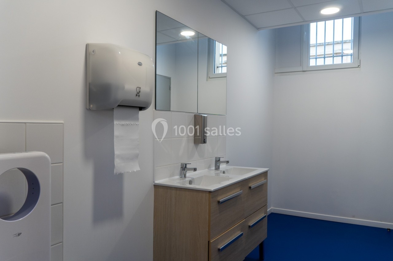 Lavabo double avec miroir, distributeur de papier et éclairage naturel dans une salle de bain aux murs blancs.