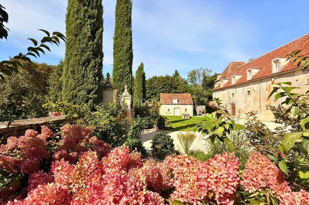 Jardin fleuri avec des hortensias roses, arbres élancés et bâtiments en pierre sous un ciel bleu clair.