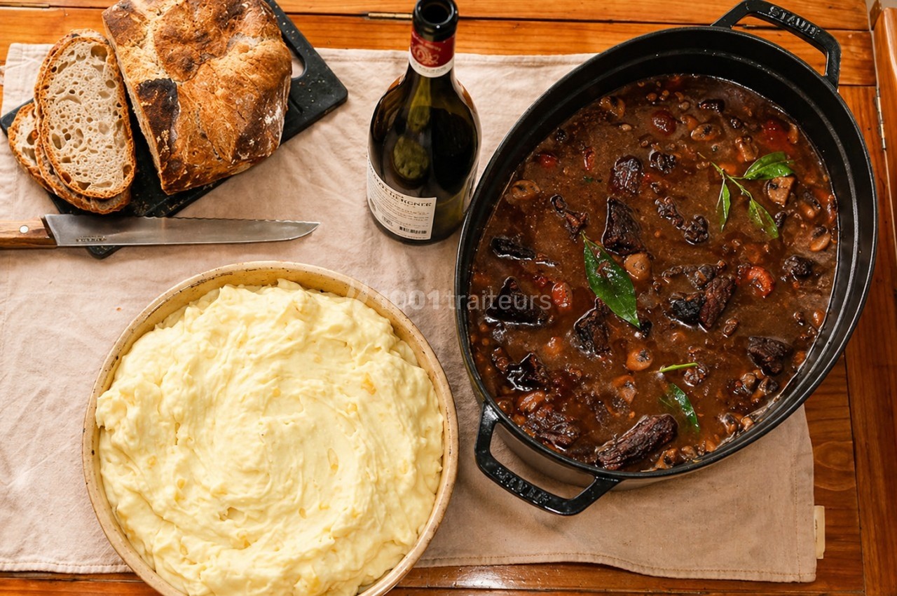 Plat de bœuf mijoté avec légumes, purée de pommes de terre, pain rustique et bouteille de vin sur une table en bois.