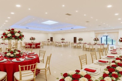 Miniature Location salle Fontenay-Trésigny (Seine-et-Marne) - L'Ecrin des Joyaux #2 Décor de mariage avec canapé blanc, table assortie et fleurs blanches et vertes sur une estrade ornée.
